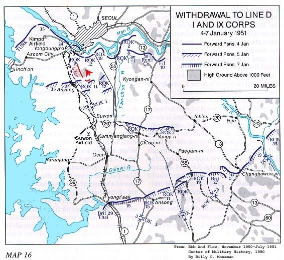   Map 16. Withdrawal to Line D, I and X Corps, 4-7 January 1951 