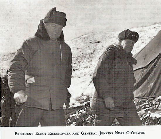 President-Elect D. D. Eisenhower and Lt. Gen. Reuben E. Jenkins near Ch'orwon, December 1952 