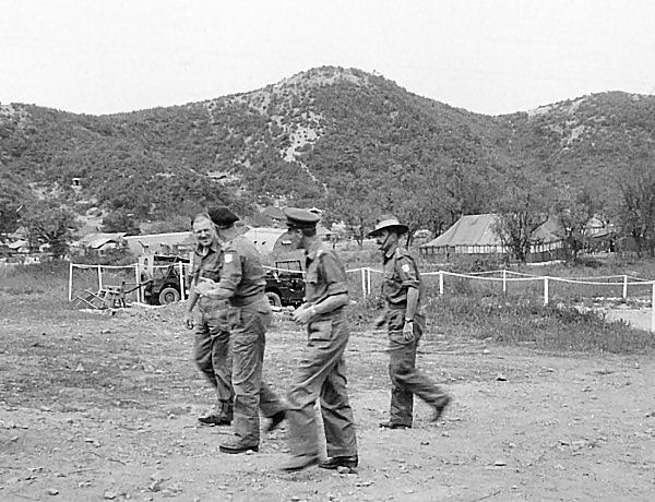  L to R: Maj. Les Hopton, 2ic; Maj Gen MMAR West (GOC Brit C'Wealth Div) in beret; Brig JG Wilton (Comd 28 Brigade) 2RAR Officer's Mess; Oct 1953; Kansas Line 