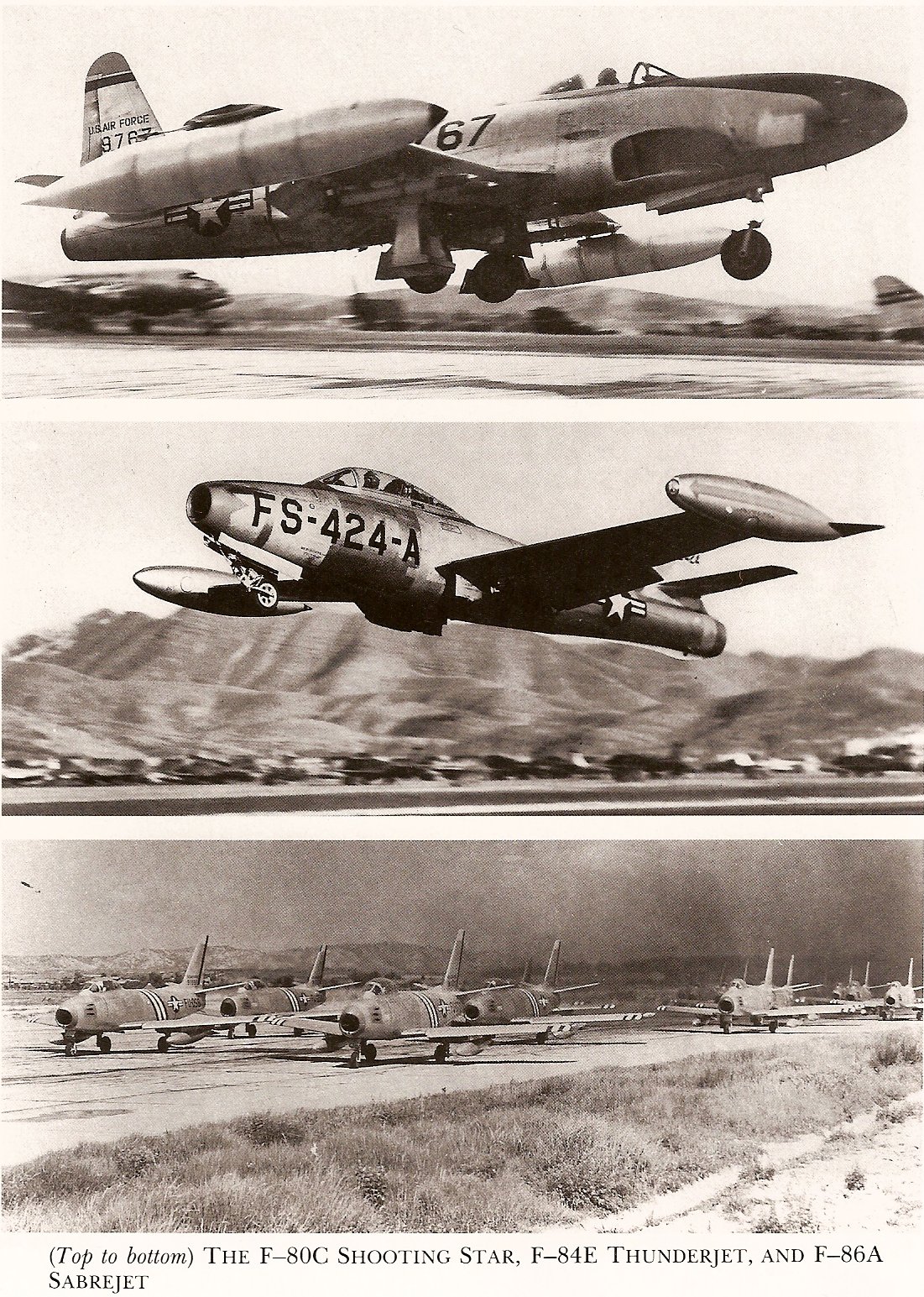 F-80C Shooting Star; F-84E Thunderjet; F-86A Sabrejet (right click, view image to see actual photo)