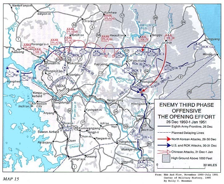   Map 15. Enemy Third Phase Offensive, the Opening Effort, 26 December 1950-1 January 1951 
