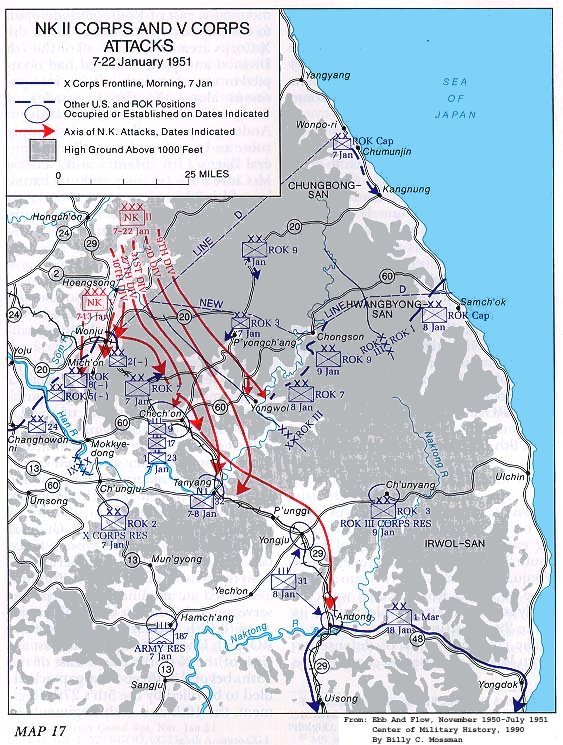   Map 17. NK II Corps and V Corps Attacks, 7-22 January 1951 