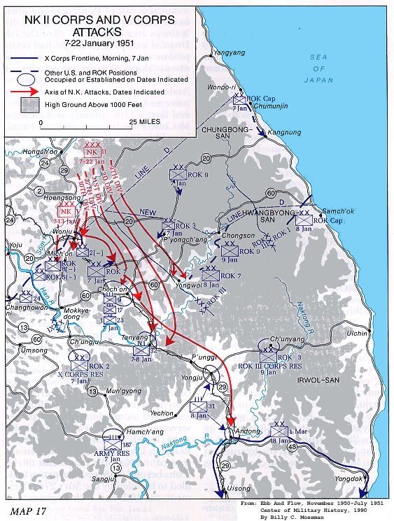   Map 17. NK II Corps and V Corps Attacks, 7-22 January 1951 