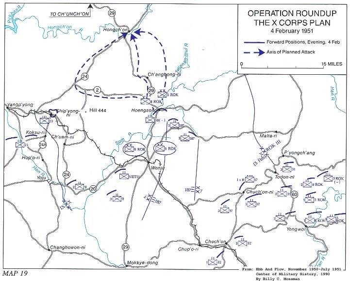   Map 19.  Operation ROUNDUP, the X Corps Plan, 4 February 1951 