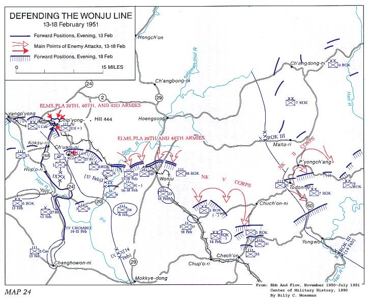   Map 24.  Defending the Wonju Line, 13-18 February 1951 
