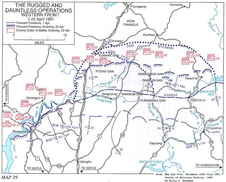   Map 29. The RUGGED and DAUNTLESS Operations, Western Front, 1-22 April 1951 