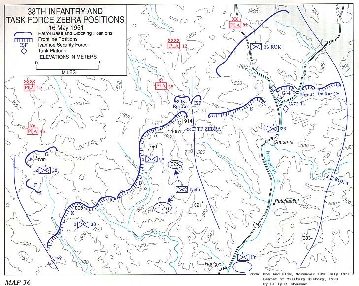   Map 36. 38th Infantry and Task Force Zebra Positions, 16 May 1951 