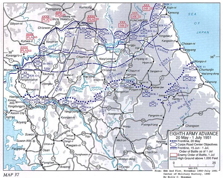   Map 37. Eighth Army Advance, 20 May-1 July 1951 