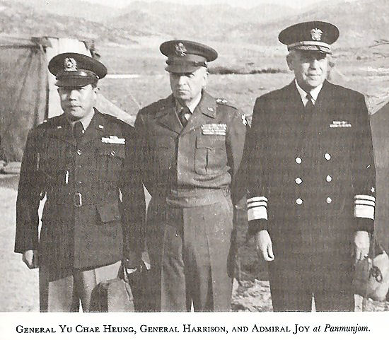General Yu Chae Heung, Major William K. Harrison, Jr, and Vice Admiral C. Turner Joy, Panmunjom