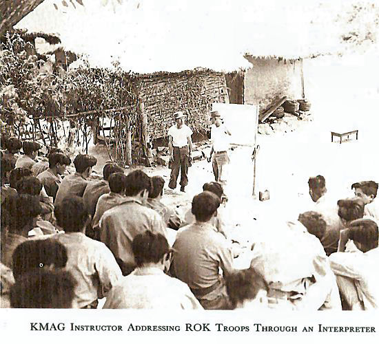 KMAG Instructor Addressing ROK Troops Through an Interpreter