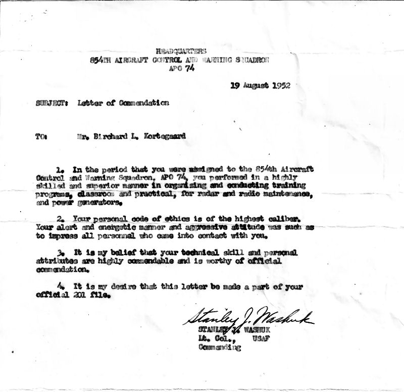 Air Force Commendation for Bert Kortegaar